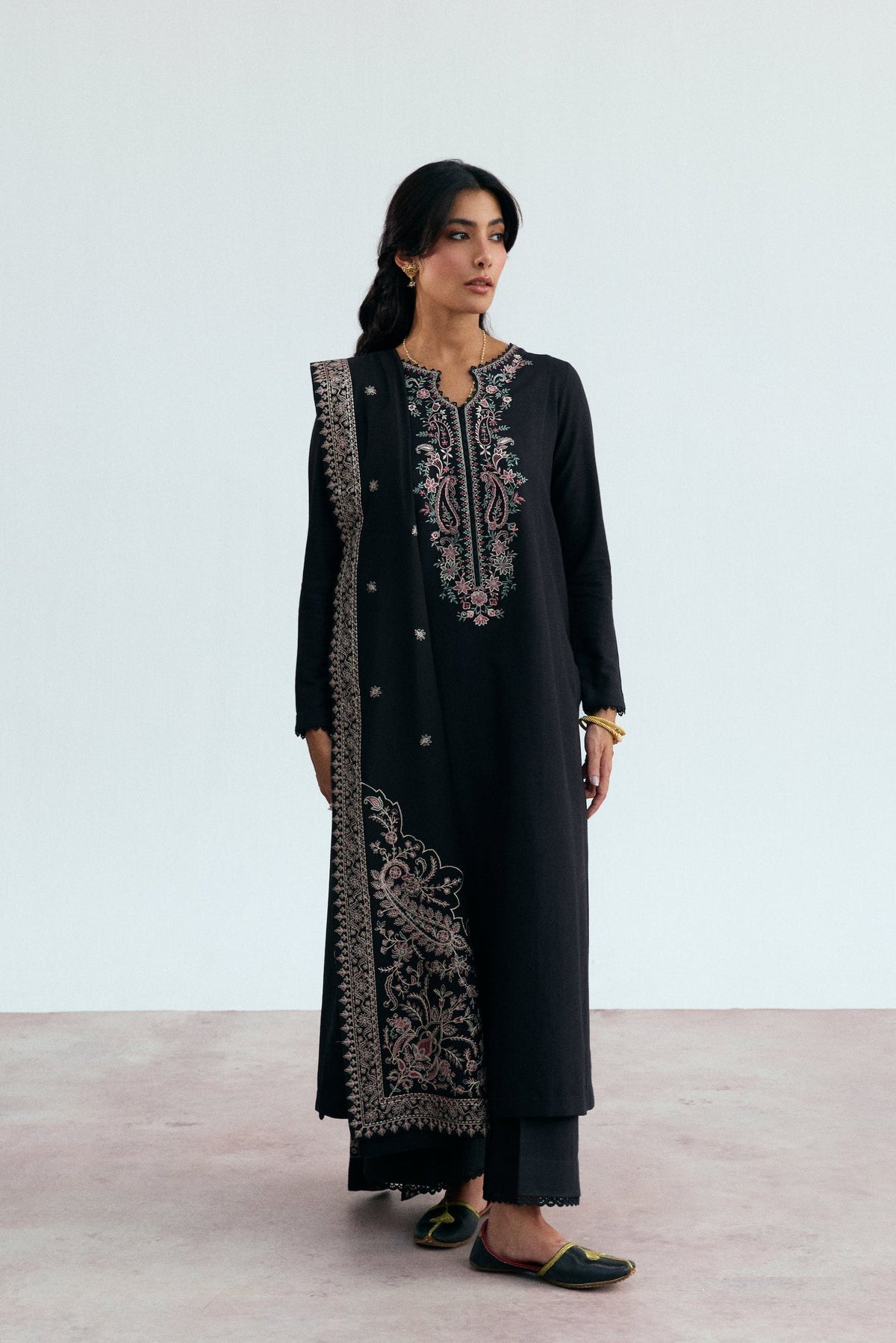 Mannam Midnight Set — black khaddar kameez with pastel embroidery on detached keyhole neckline, Pakistani winter suit UK