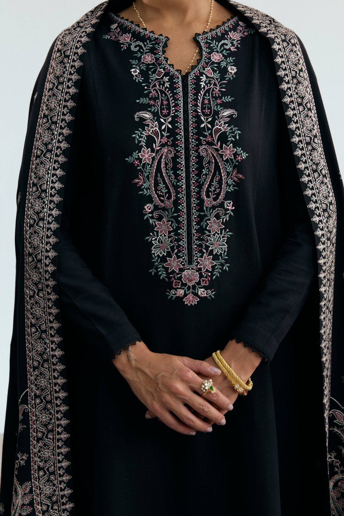 Black Pakistani khaddar suit with heavily embroidered shawl — winter salwar kameez for South Asian women UK