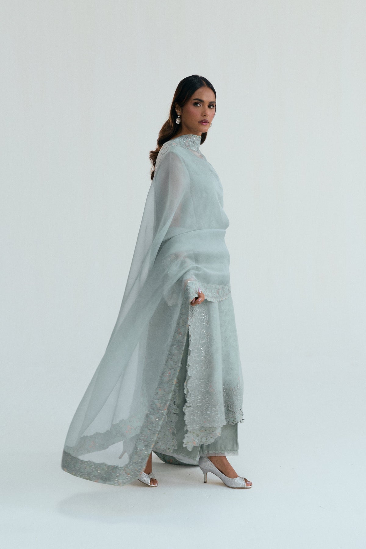 Haze Set — side view of pastel grey organza kameez with colourful floral appliqué inner layer | Pakistani Eid UK