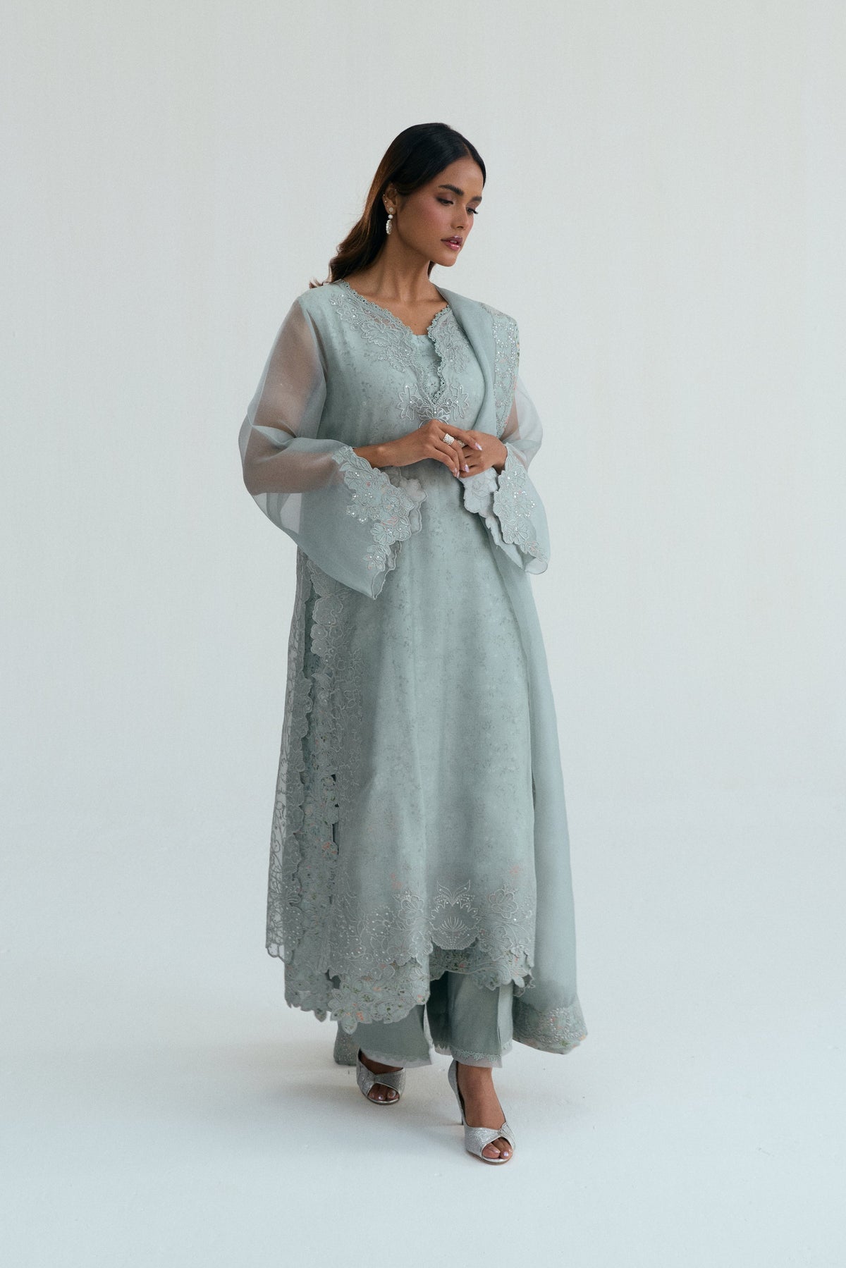 Mannam Haze Set — pastel icy grey floral-embroidered organza 3-piece Pakistani suit for Eid UK