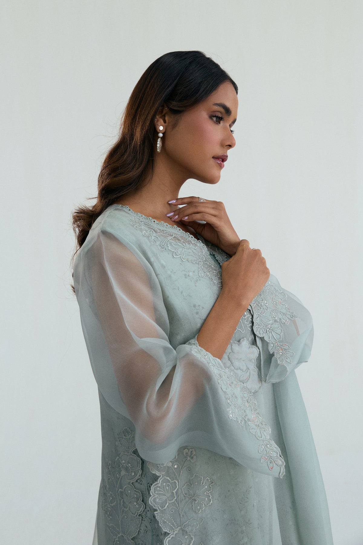 Haze Set — straight-cut trousers with organza and lace hem | icy grey Pakistani Eid suit UK