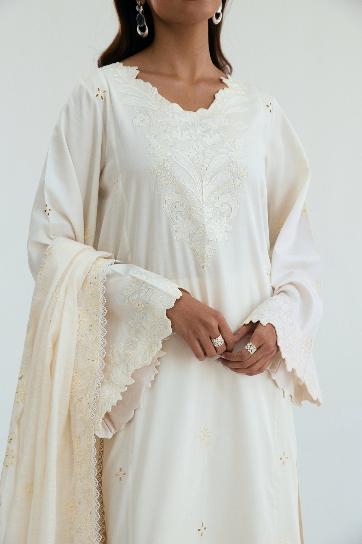 Ivory Pakistani cotton kameez set with wide-hem shiffli embroidered sleeves and floral scalloped neckline — Moonstone Set by Mannam