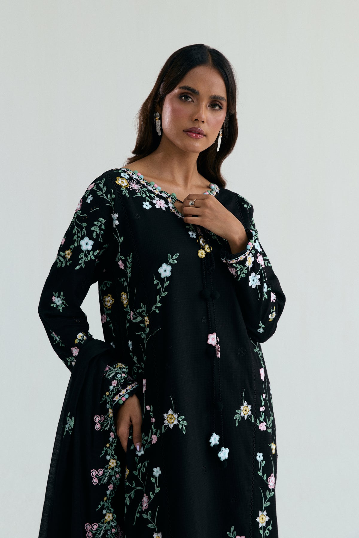 Pakistani floral black cotton dress