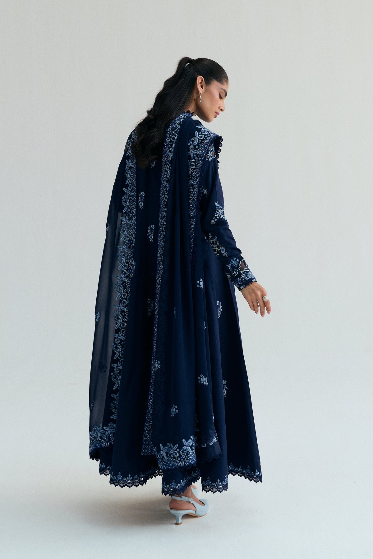 Mannam Sapphire Set — Pakistani Kalidaar kameez with sequin embroidered dupatta and lace edging