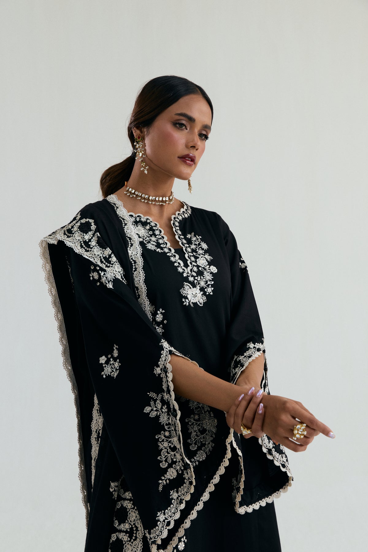 Luna Set — monochrome black-white embroidered dupatta with lace edging | Pakistani Eid cotton dress UK