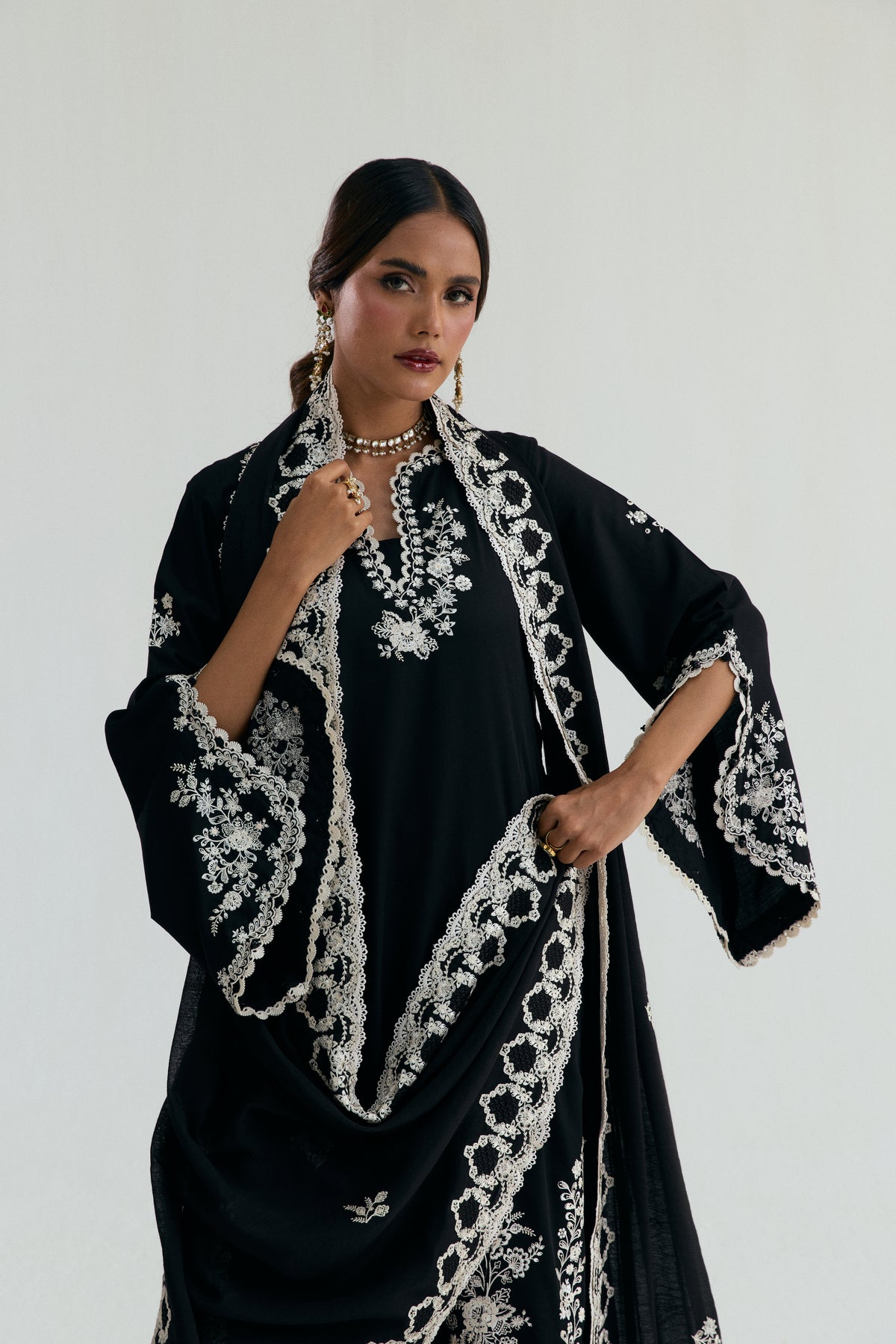 Luna Set — black and ivory cotton Pakistani asymmetric kameez set for Eid or summer occasions UK