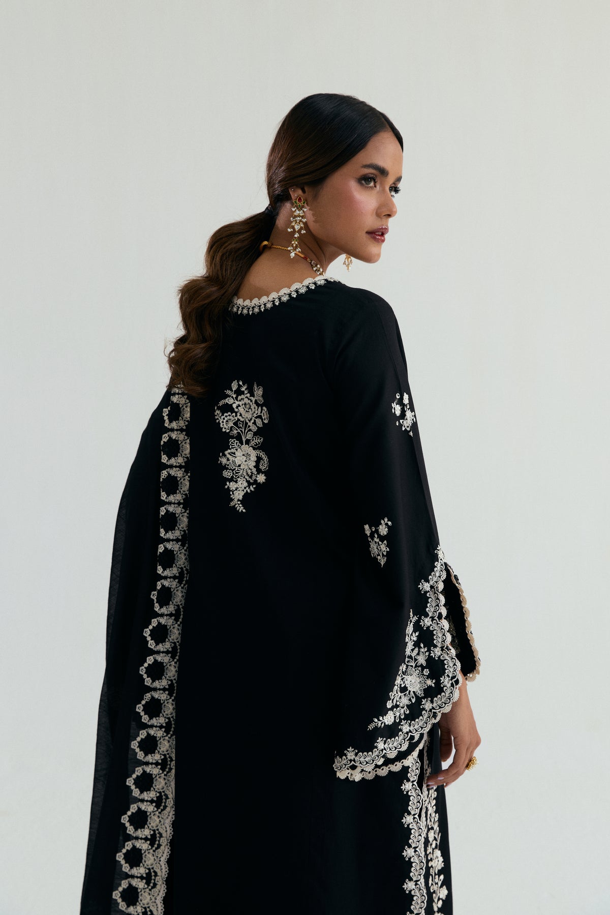 Luna Set — ivory and black cotton Pakistani suit with bead-detailed wide slit sleeves | Eid cottons UK