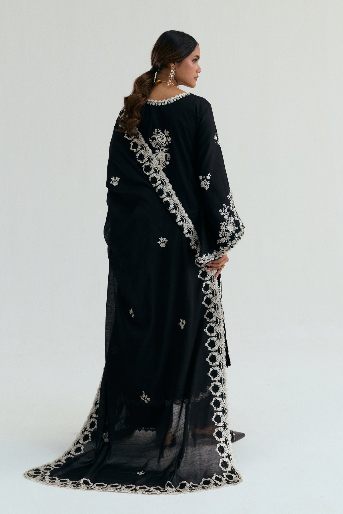 Luna Set — casual South Asian womenswear black cotton kameez with ivory embroidery and lace trim | Pakistani Eid wear UK