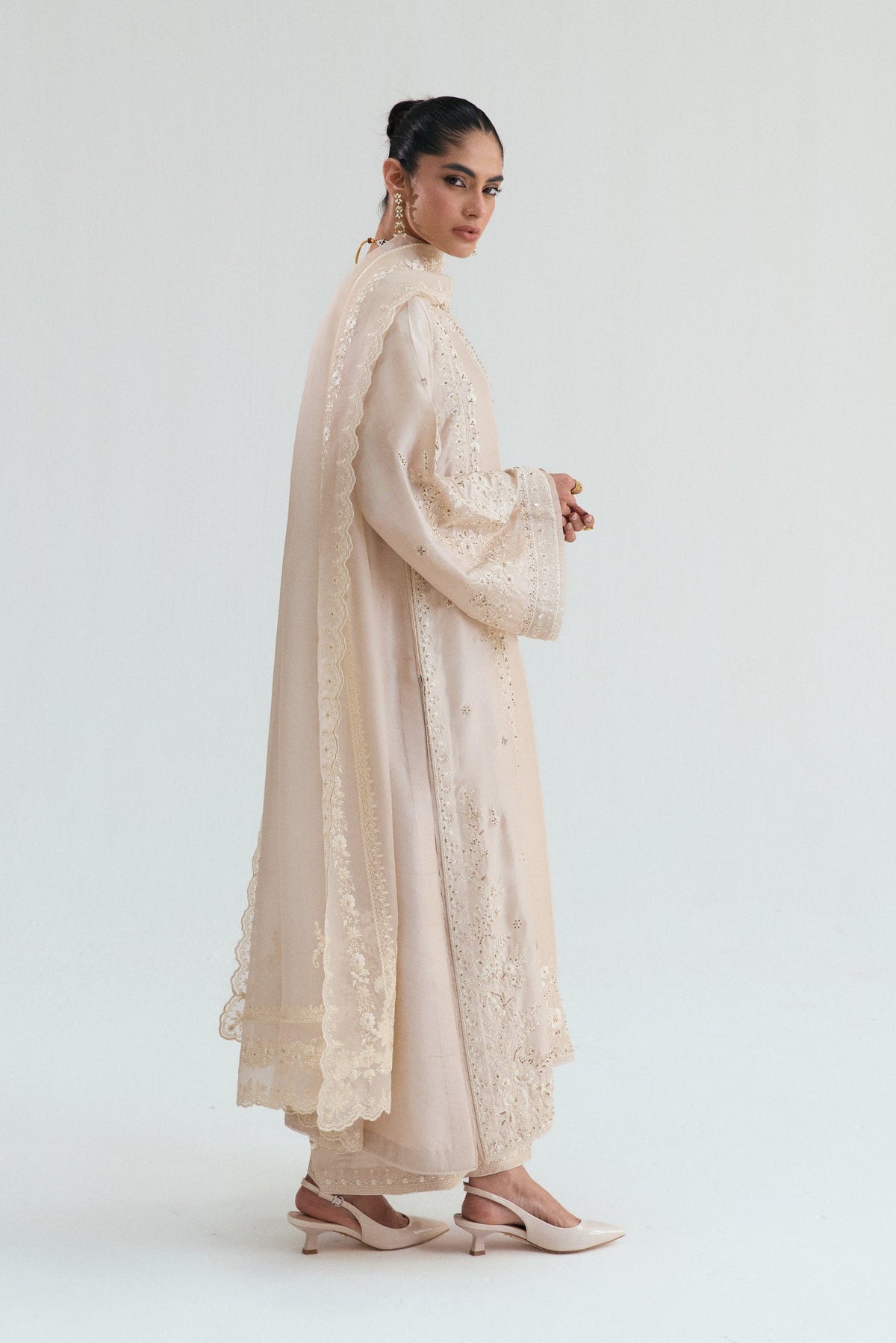 Honey gold designer Pakistani suit with ornate embellishments, luxury formal wear for women in the UK