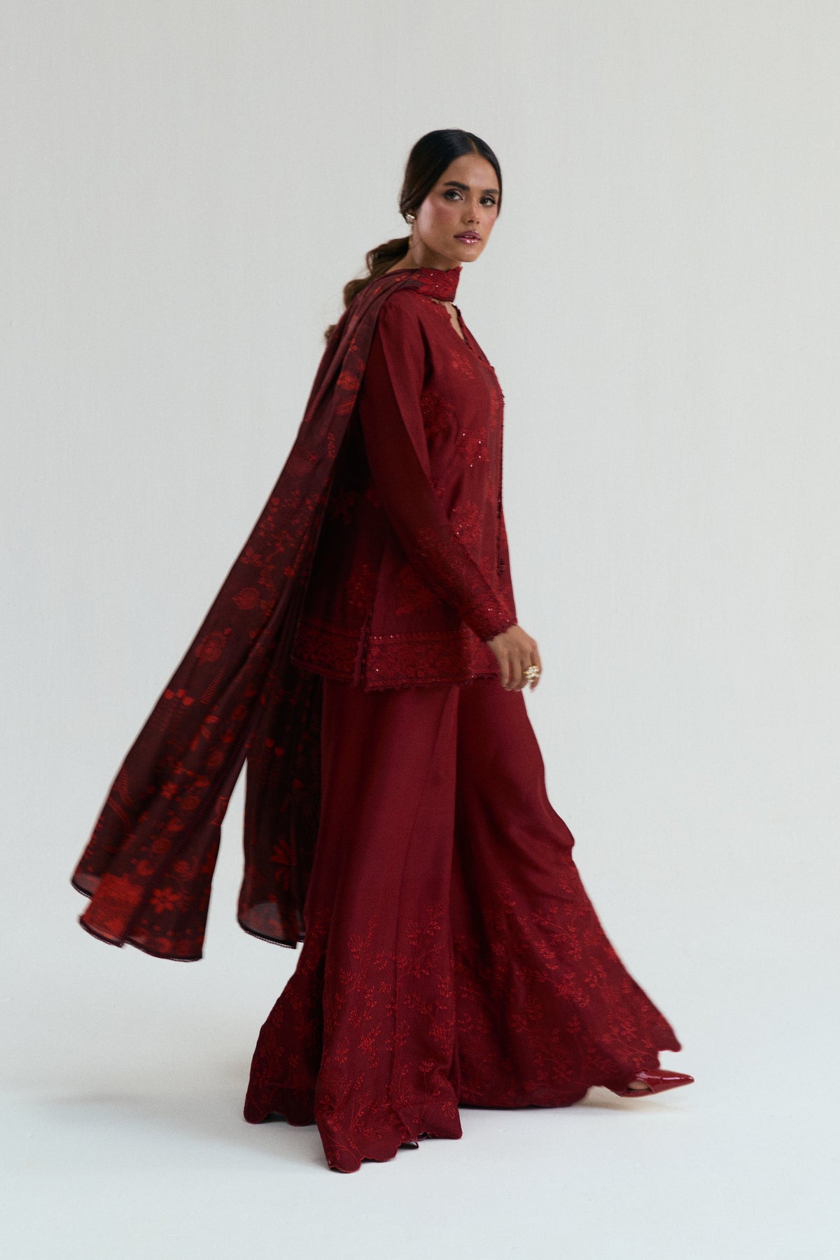 Modern angrakha-style short shirt with flared raw silk trousers — Mannam Cherry Set deep red Pakistani Eid outfit