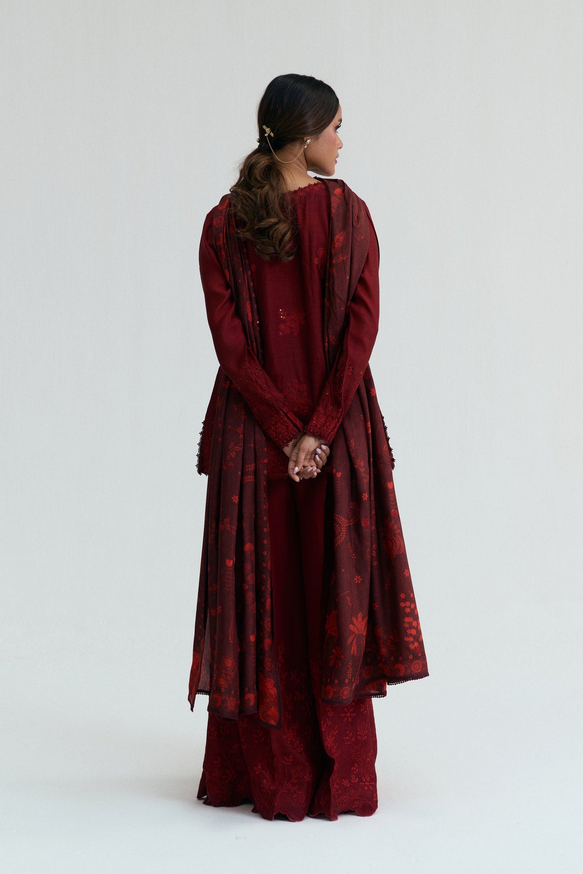 Cherry deep red Pakistani raw silk angrakha suit — Mannam luxury Eid three-piece with crystal pearl embellishments