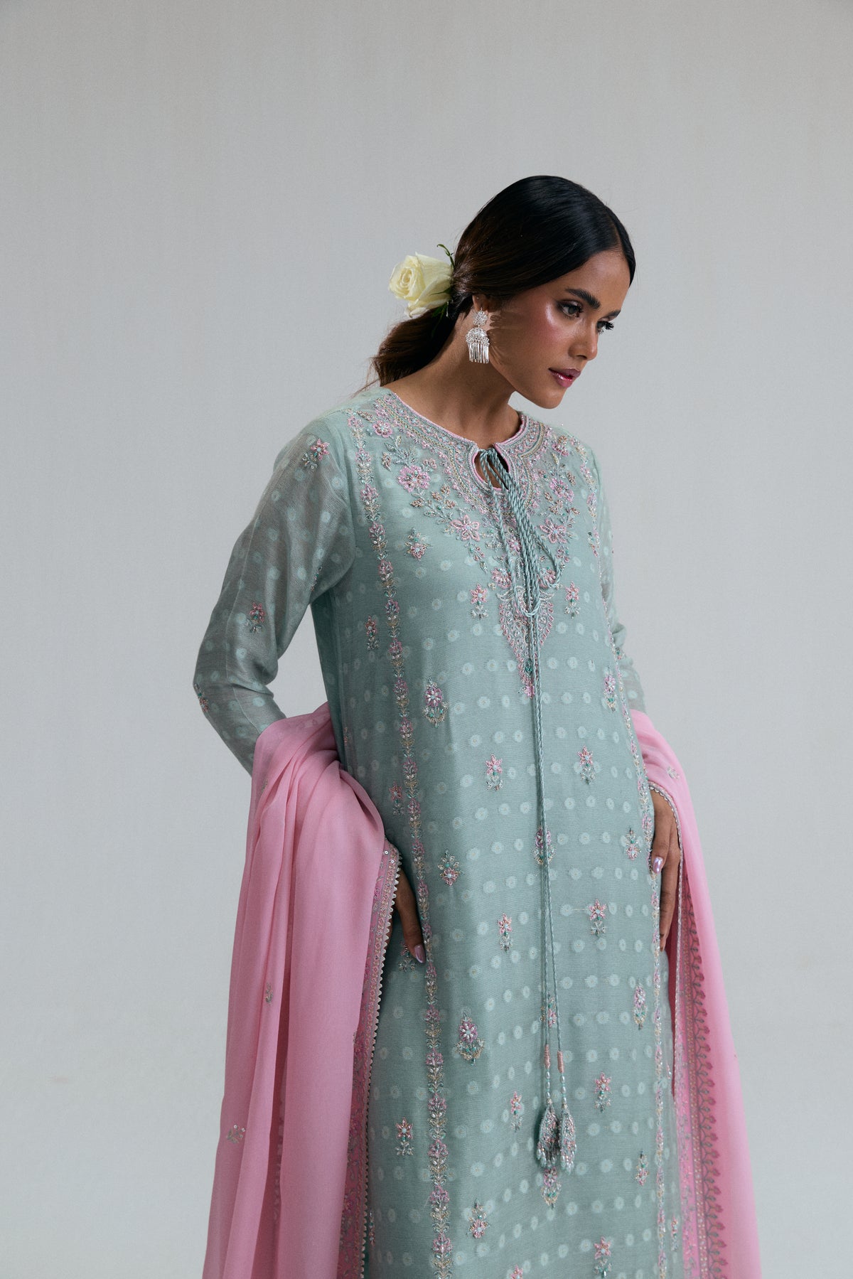 Close-up of Azure Set's ice mint net fabric with thread embroidery and tiny beads — luxury Pakistani kameez UK