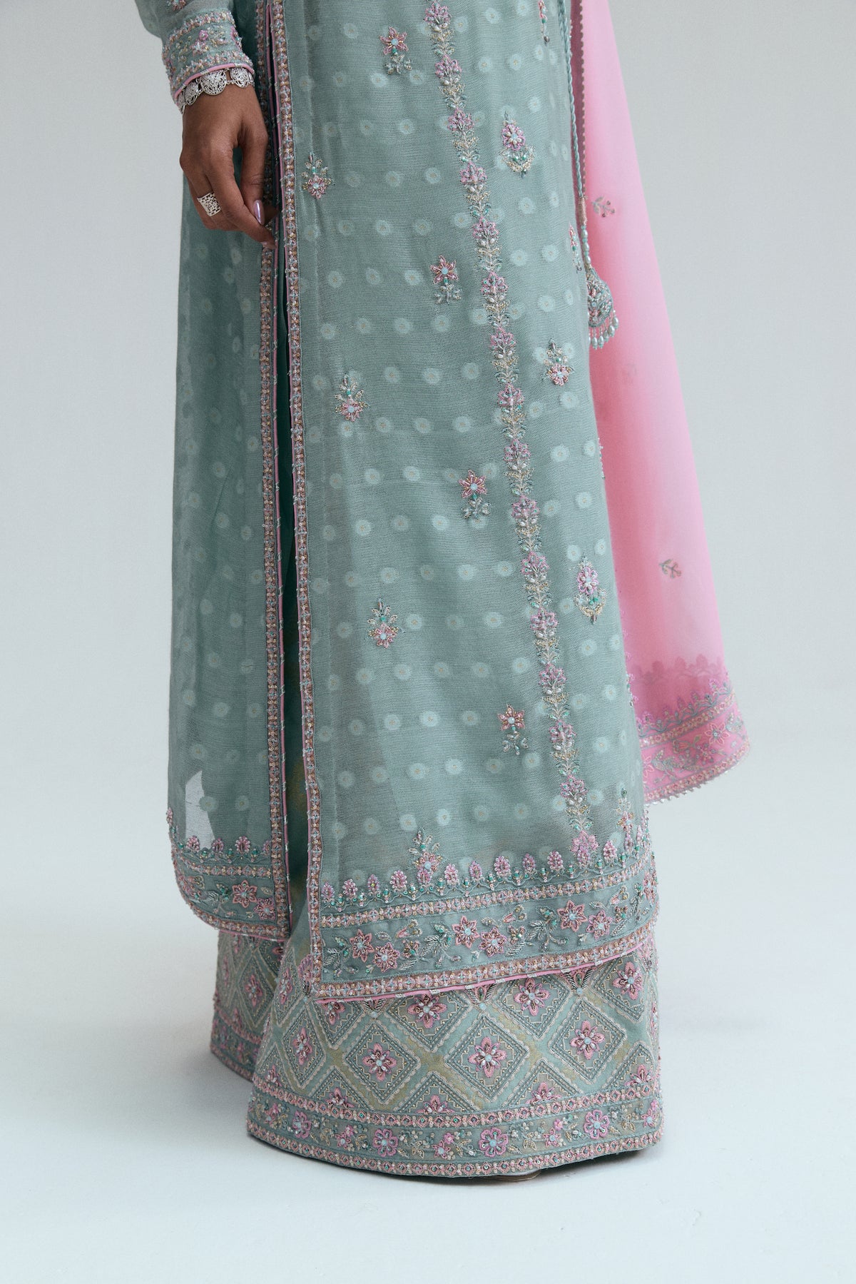 Wide-leg view of Azure Set featuring embellished Banarasi jacquard trousers — Pakistani luxury pret formal wear UK