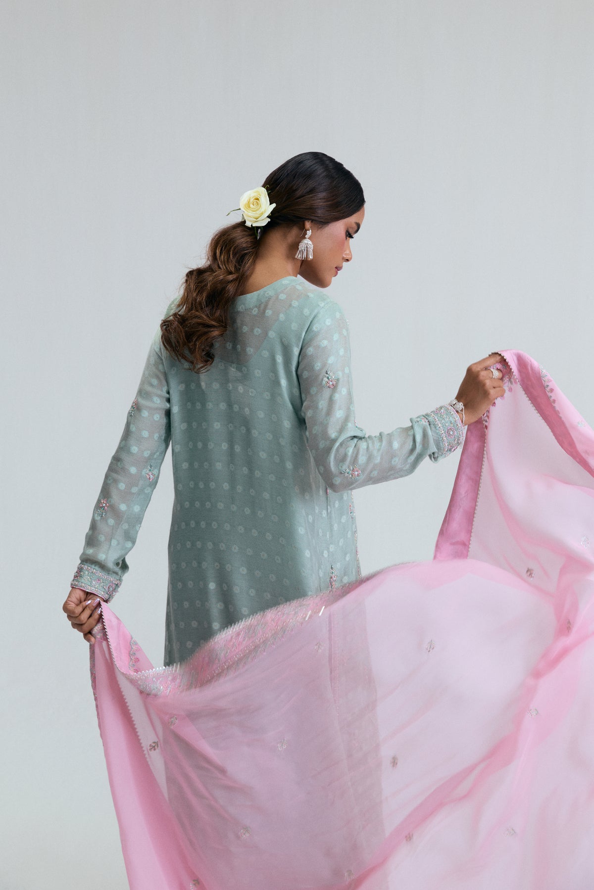 Azure Set by Mannam — elegant ice mint Pakistani kameez with hand-embellished tassels and resham embroidery, luxury pret UK