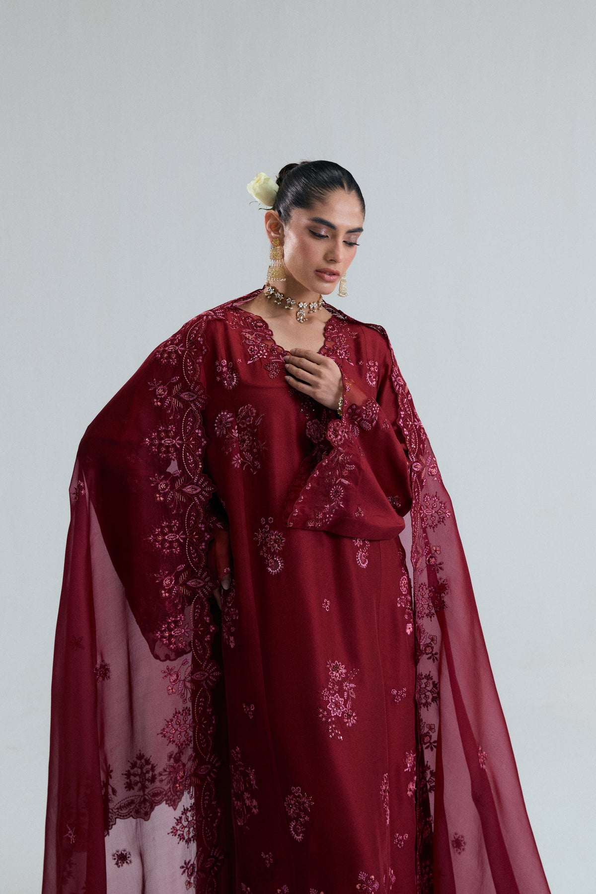 Maroon Pakistani raw silk formal suit with side-slit trousers and scalloped organza dupatta — South Asian wedding wear UK