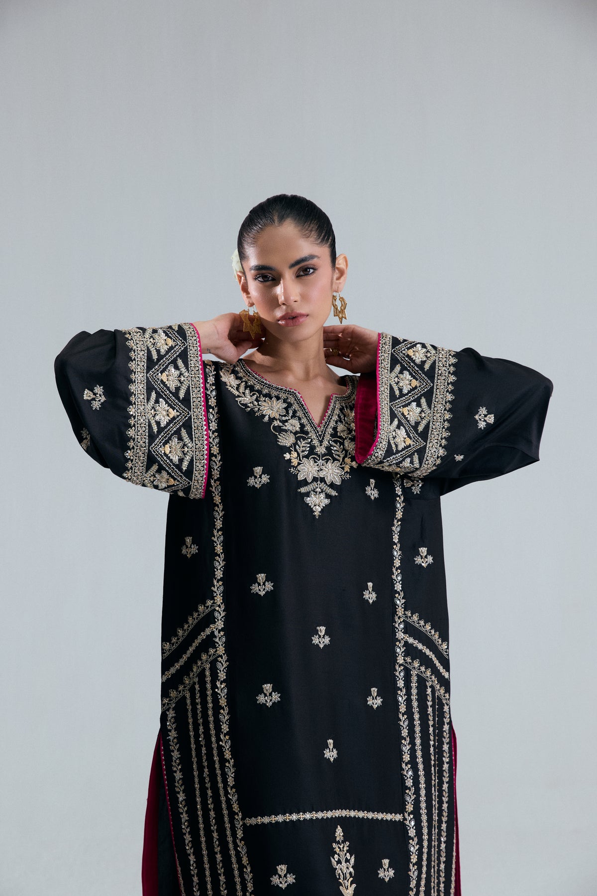 Close-up of the Starlight Set showing shiny metallic threads and tiny beads on soft black silk.