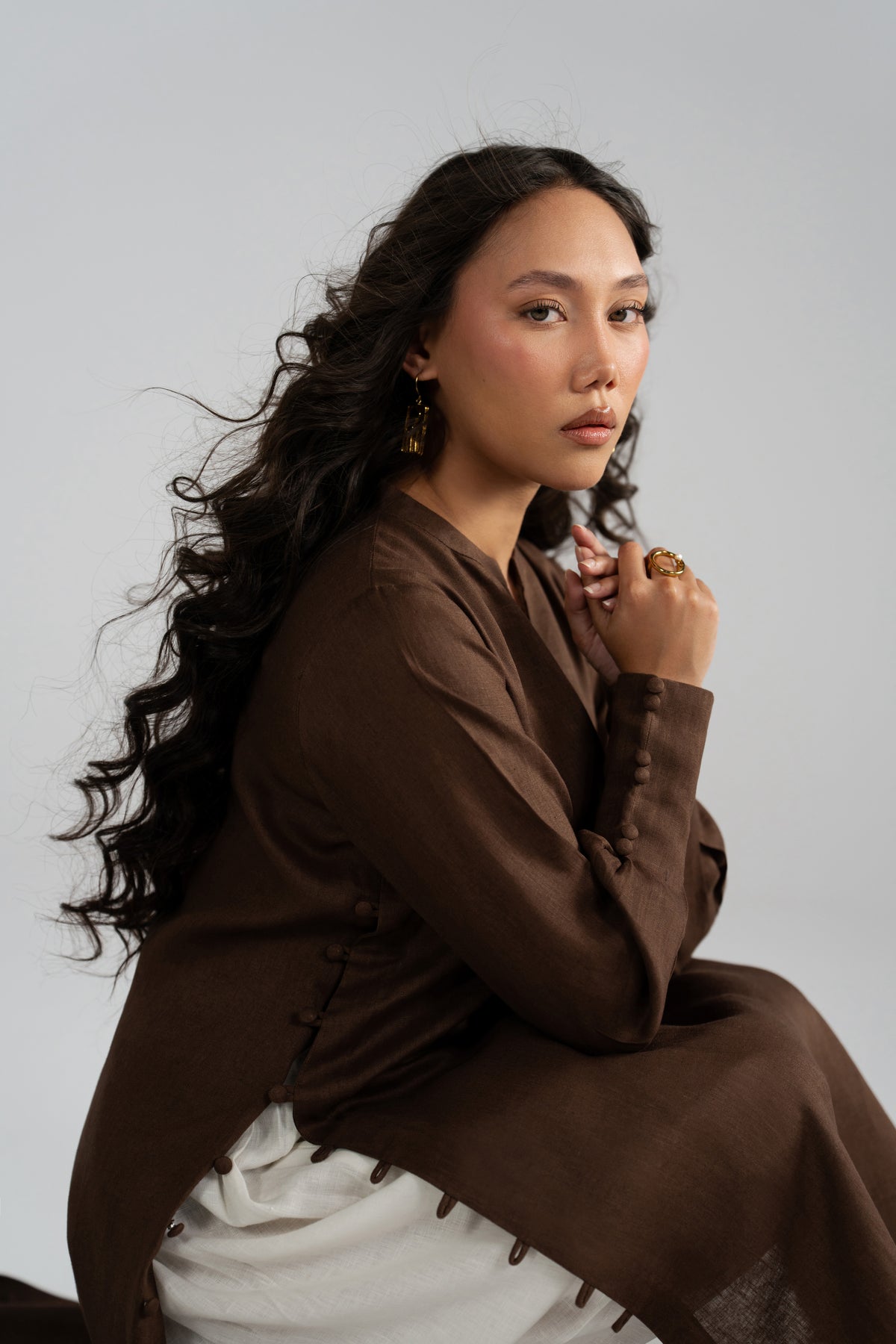 Close-up portrait in Mocha Set kameez, chocolate brown linen-look fabric