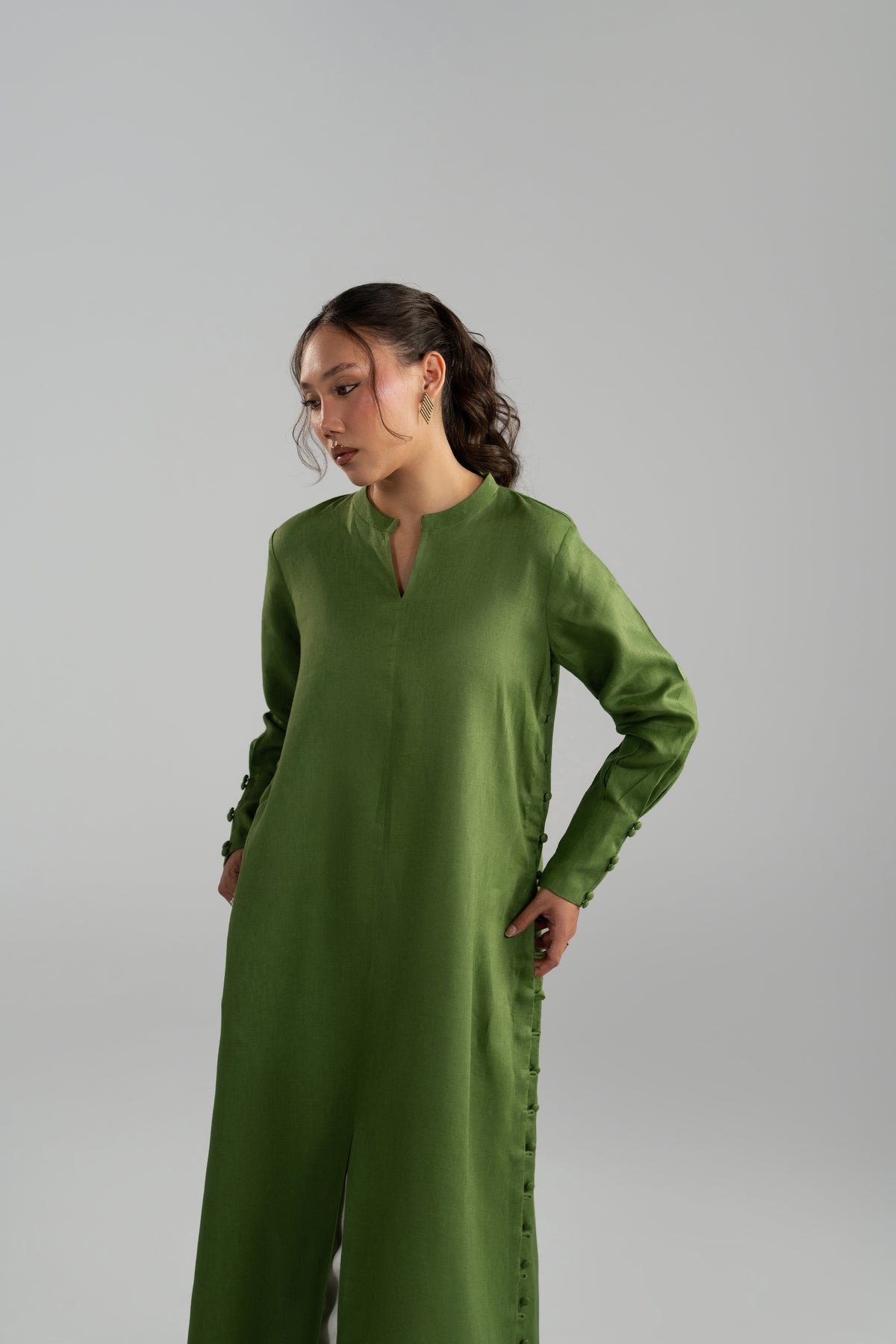 V-neckline and front slit, fern green kameez shalwar set
