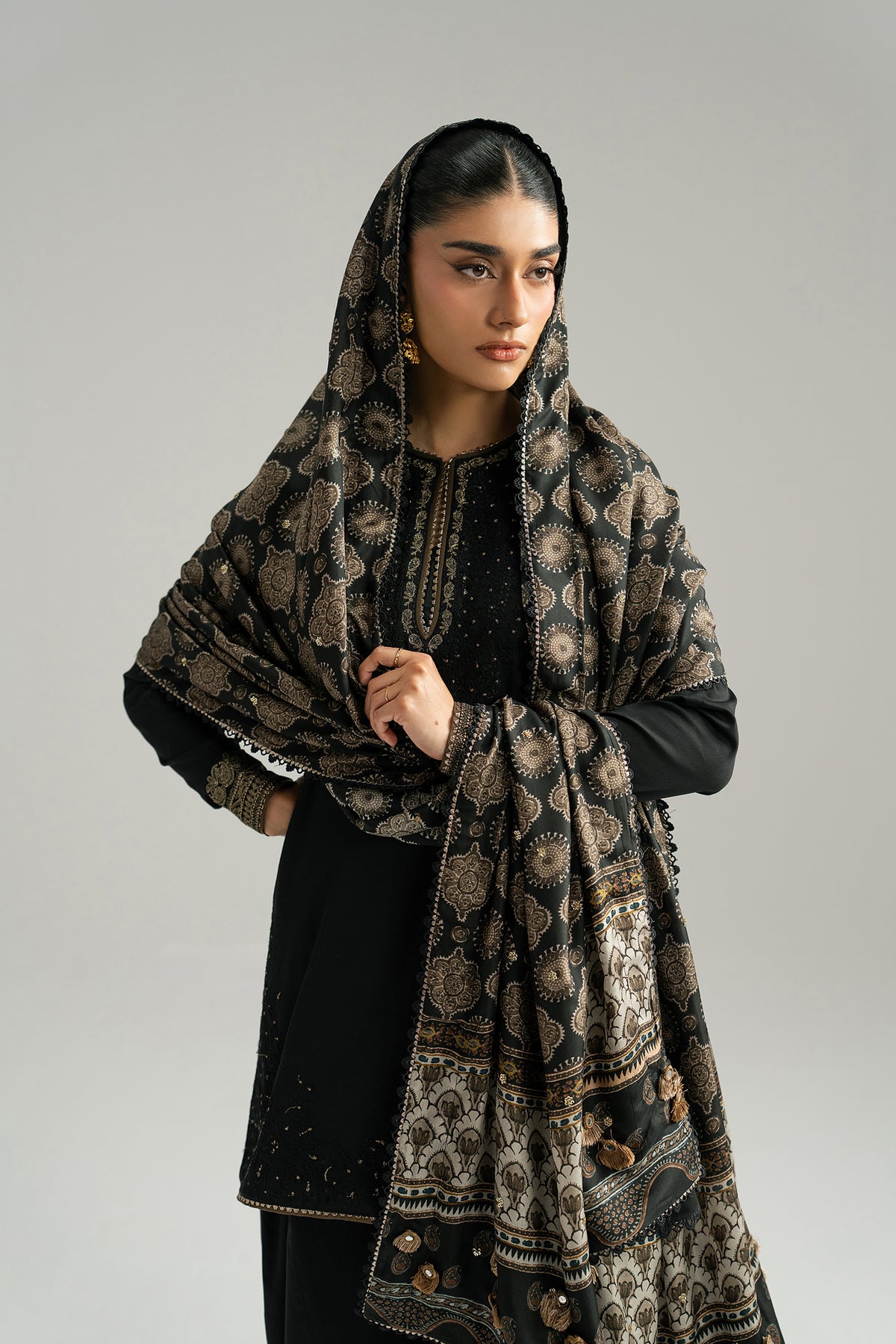Black Pima cotton tilla embroidered kameez — goti lace and tilla tassels | Pakistani Eid wear