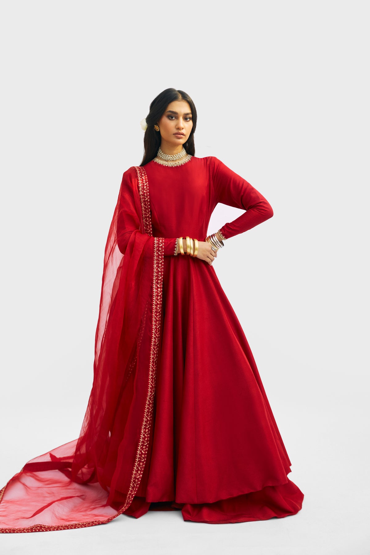 Mannam Modest Red Peshwas Set — modest-cut red raw silk peshwas with hand-embellished neckline, silk sharara and organza dupatta, Pakistani modest formal wear UK