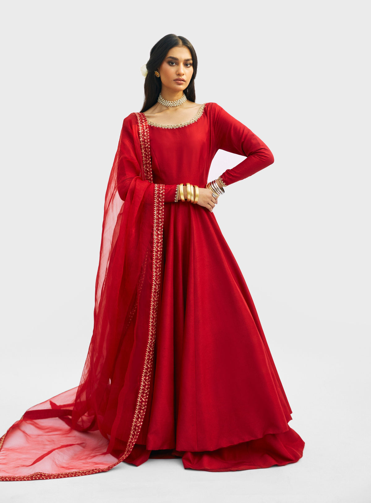 Mannam Red Peshwas Set — pure raw silk red peshwas with hand-embellished neckline, raw silk sharara and organza dupatta, Pakistani bridal formal wear UK