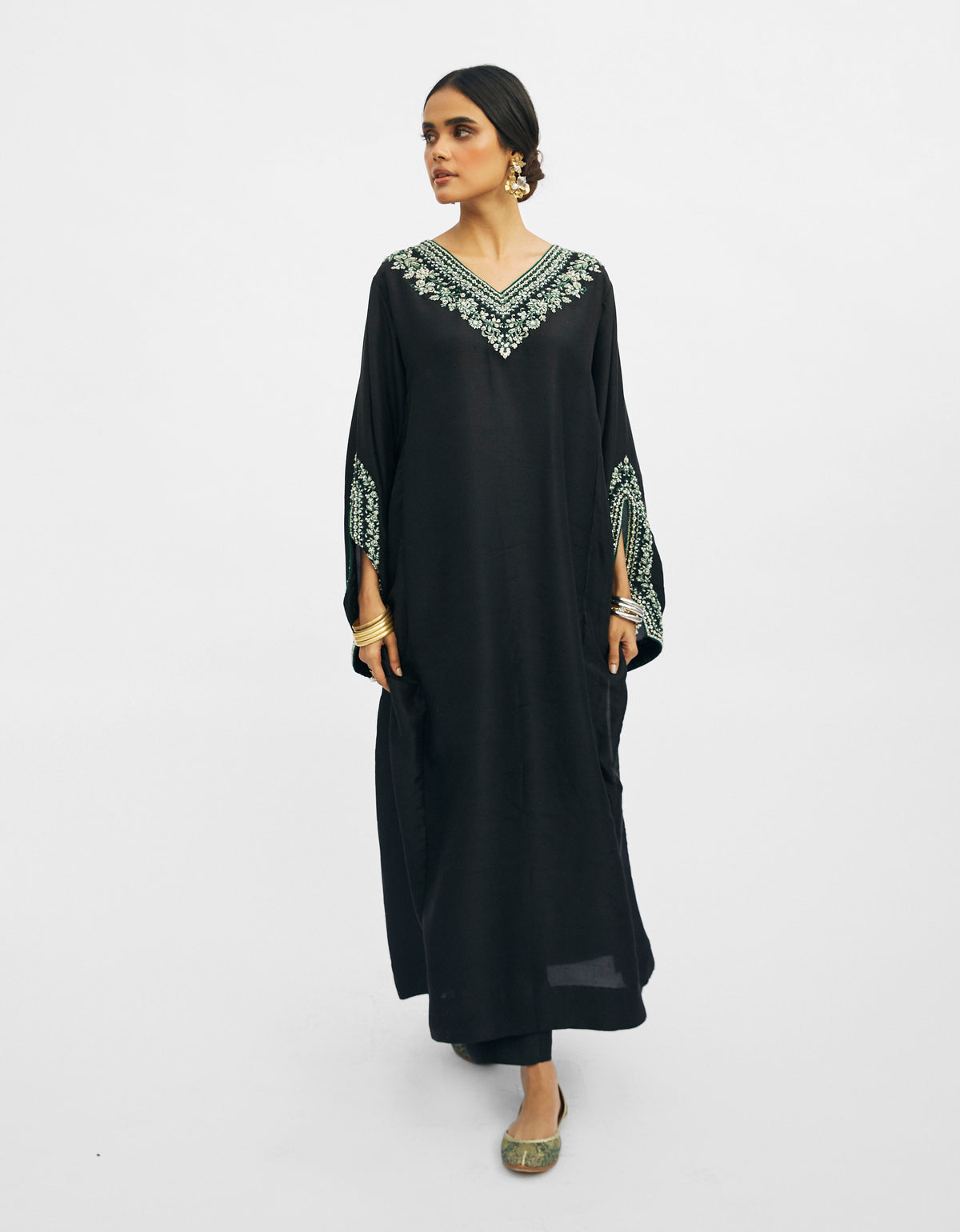Mannam Black Phiran Set — black raw silk Pakistani phiran with hand-embellished V-neckline and raw silk trousers