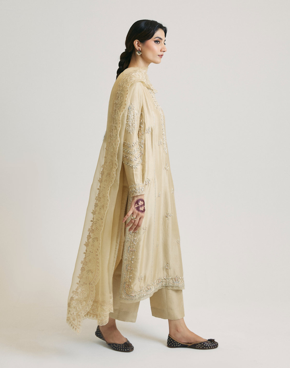designer raw silk wedding outfit for women with embroidered organza dupatta