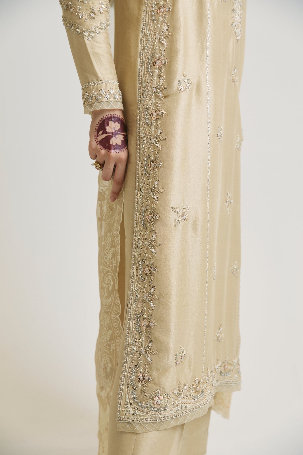 premium Pakistani designer dress gold formal outfit with silk trousers