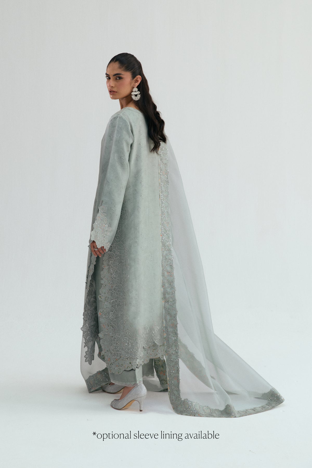 Haze Set — cutwork organza sleeve detail with delicate lace on pastel grey Pakistani kameez UK