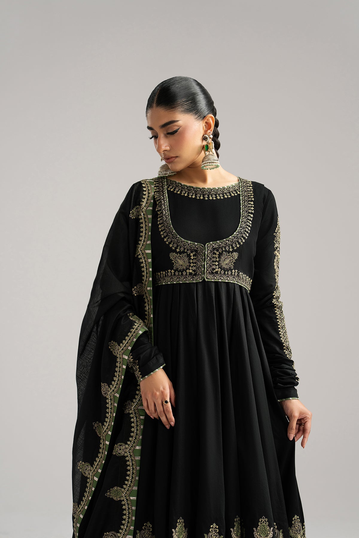 Sunstone anarkali Set full look — Pima cotton with printed border and scalloped tilla embroidery | Mannam Pakistani Eid wear