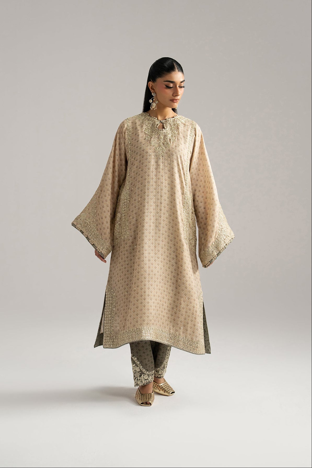 Taupe Set — Ivory Silk Phiran with Hyderabadi Tilla Dori Embroidery
