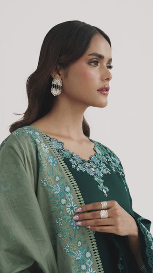 Video showcasing a model wearing the Jade green embroidered kameez set, highlighting the draped sage green embroidered shawl, lace sleeve details and overall fit in motion.