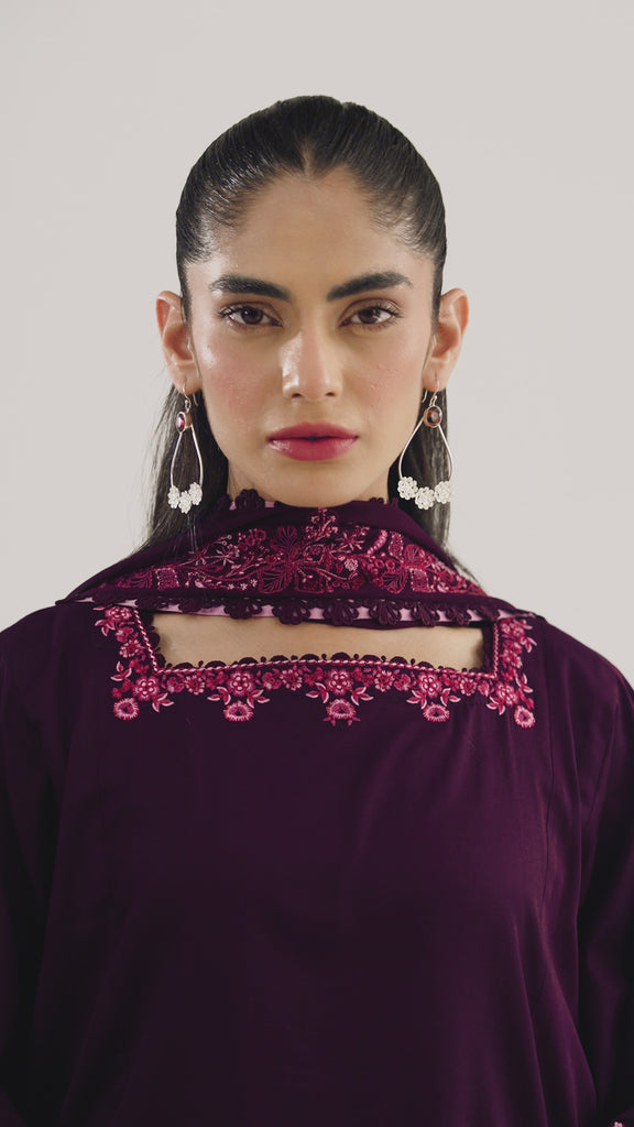 Deep plum short kameez with farshi shalwar Pakistani formal dress with embroidered dupatta
