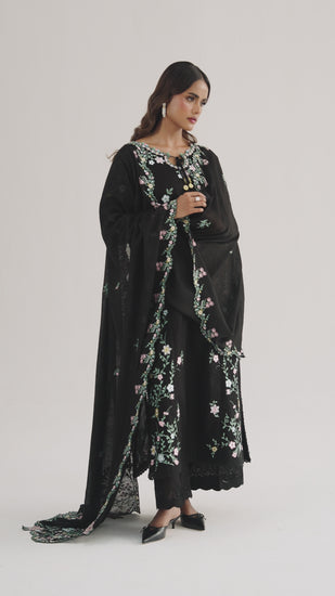 Iris Set video — black floral embroidered Pakistani cotton kameez with scalloped dupatta and tonal trousers