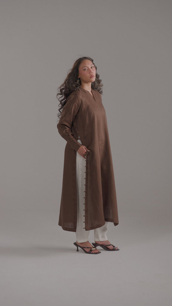Video of model walking in the Mocha Set, chocolate brown kameez and contrast shalwar in motion